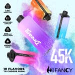 Colorful vape devices with various flavor options.